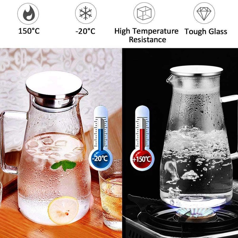 Hwagui - Large Heat Resistant Glass Pitcher with Stainless Steel Lid, Water Carafe with Handle, Good Beverage Pitcher for Homemade Juice and Iced Tea, 1800ml/61oz - Image 4